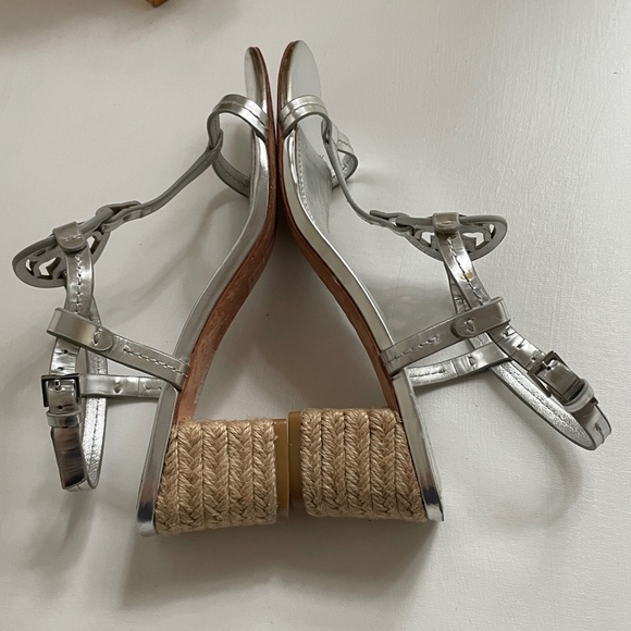 Tory Burch Womens 7.5 Metallic Leather Logo Sandals Espadrille Heels Coastal - Picture 9 of 12